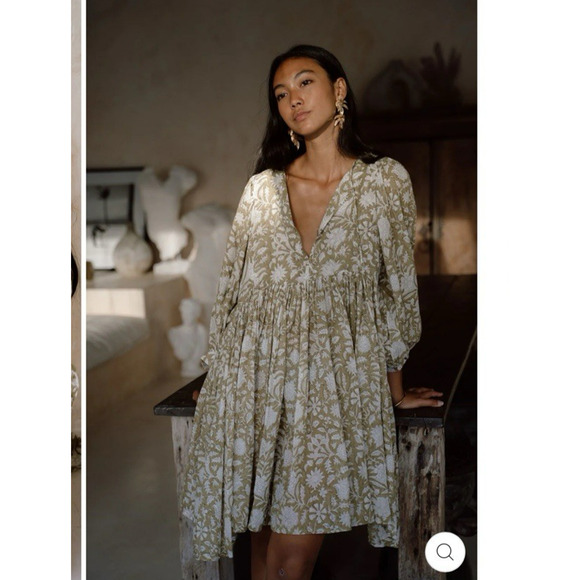Daughters Of India Kyra Mini Dress XL Olive Floral Balloon Sleeve Boho Indie - Picture 14 of 16